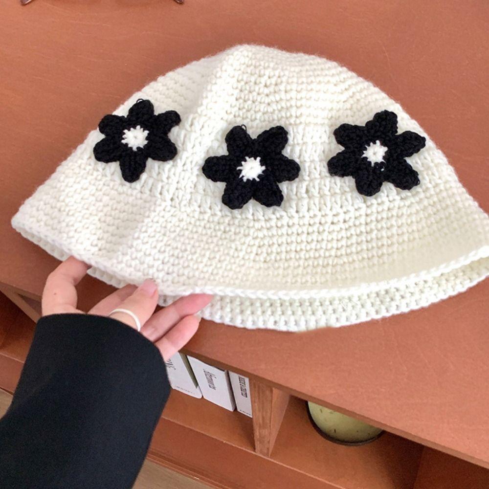 Korean Style Crochet Flower Knitted Hat Sweet Bucket Hat Cute Beanies Hat  Girls