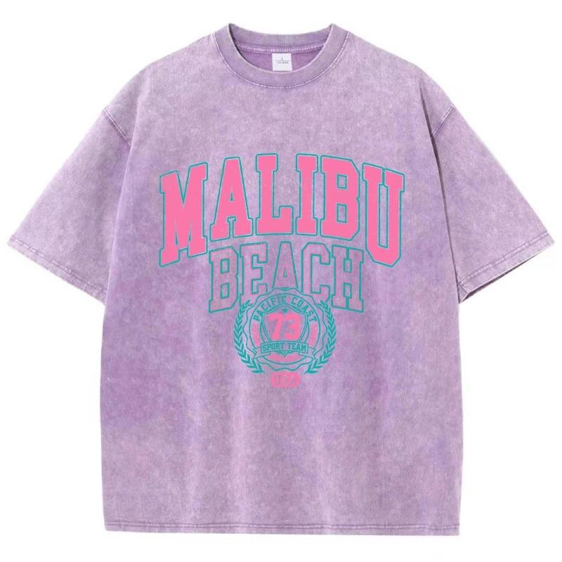 Женская футболка Malibu Beach Washed с принтом букв, хлопковая футболка, удобные топы с круглым вырезом, повседневные оверсайз футболки, женская одежда