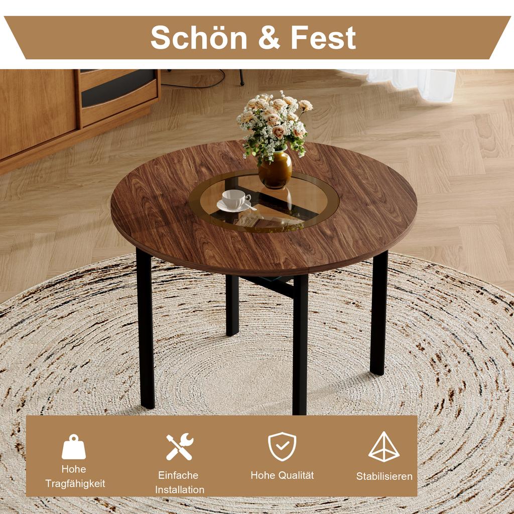 Modern minimalist round table set (2 black PU armchairs, curved backrest), 100 cm diameter table in wood look. For dining room & kitchen.