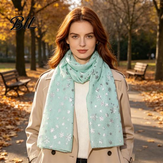 Lightweight Winter Layering Glitter Sparkly Foil Snowflake Print Scarf for Women, Christmas Warm Fashionable Neckwear Theme Shawl Wrap, Fall