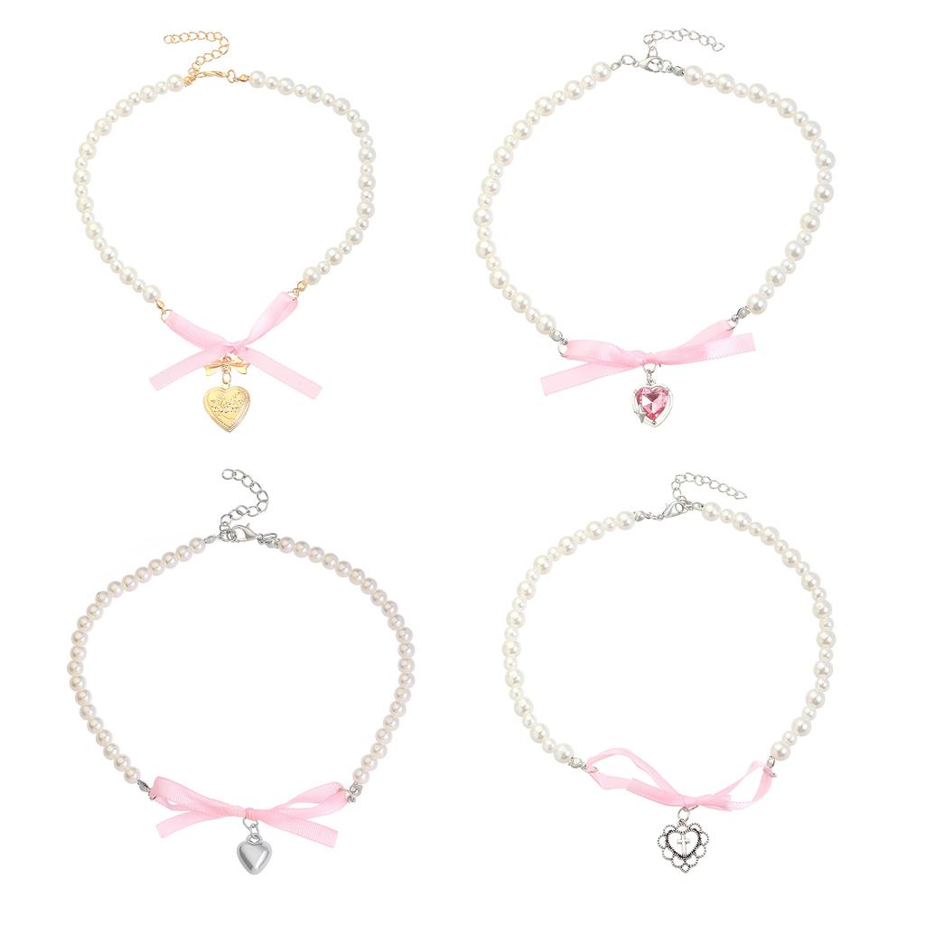 Elegant Heart Bowknot Pearl Pendant Necklace for Women Sweet Versatile Choker Charm Necklaces Fashion Jewelry Gift