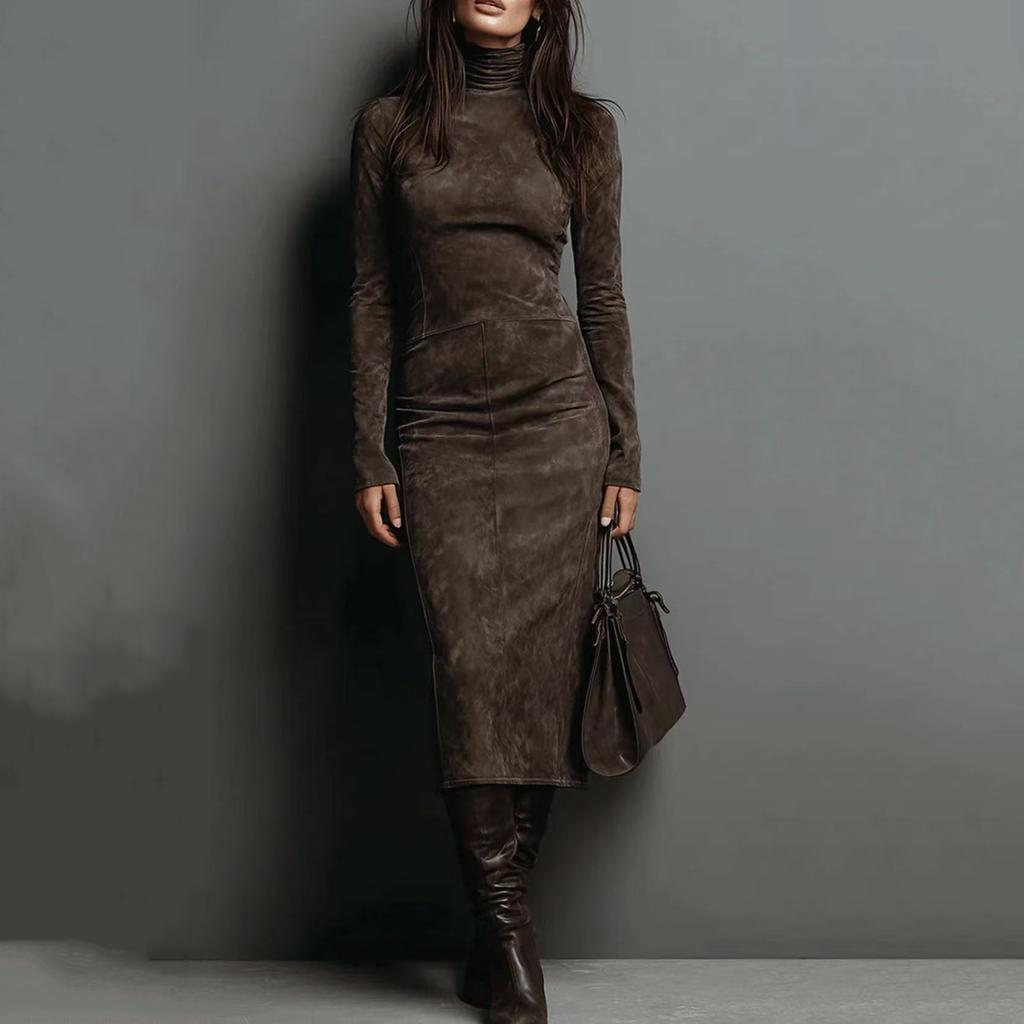 Женское плиссированное бархатное супердлинное платье с длинным рукавом и высоким воротом, облегающее длинное платье, модное однотонное платье