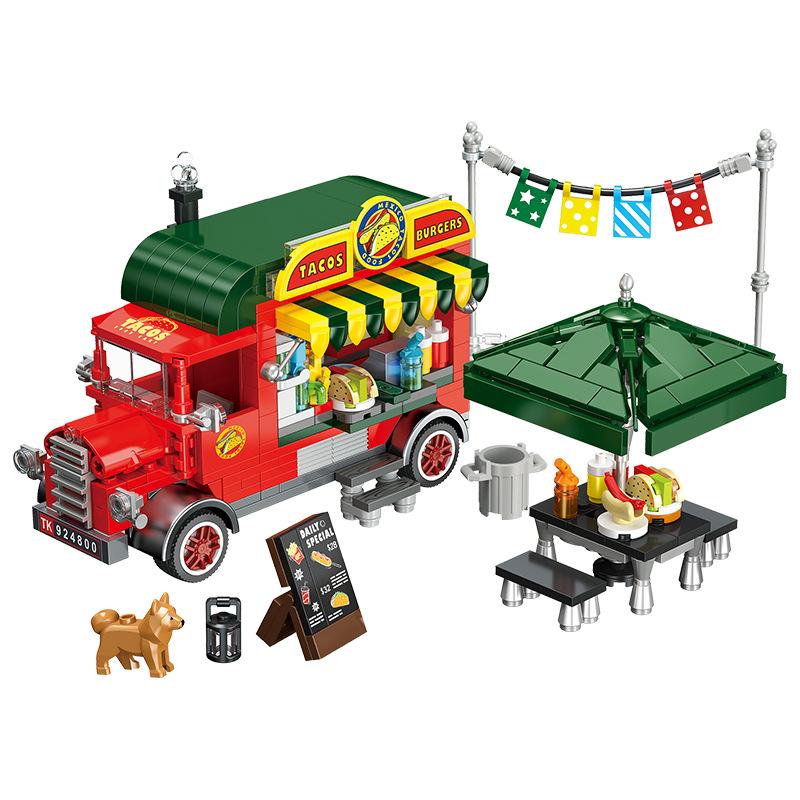 Miniature Pickup Taco Truck Diy Street Food Pizza Shop Educational Building Blocks Toy For Kids