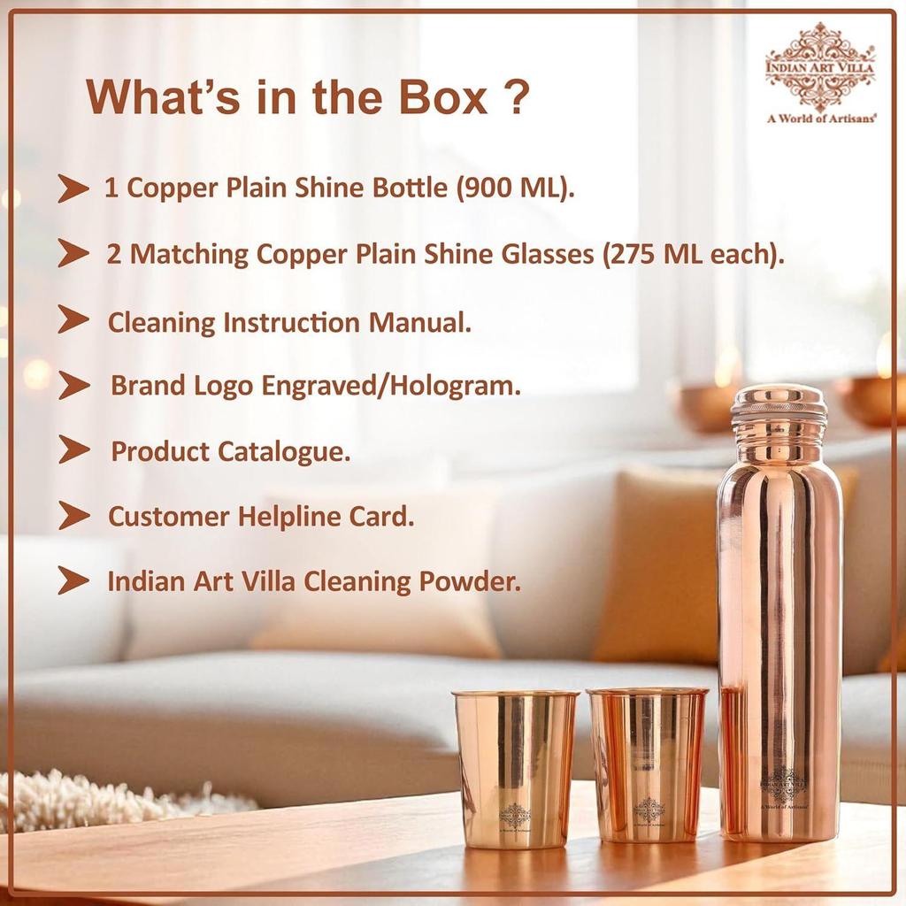 Подарочный набор медной посуды простого дизайна с глянцевой отделкой 1 бутылка и 2 стакана с подарочной коробкой, подарочный предмет на Дивали, бутылка - 900 мл и стакан - 275 мл