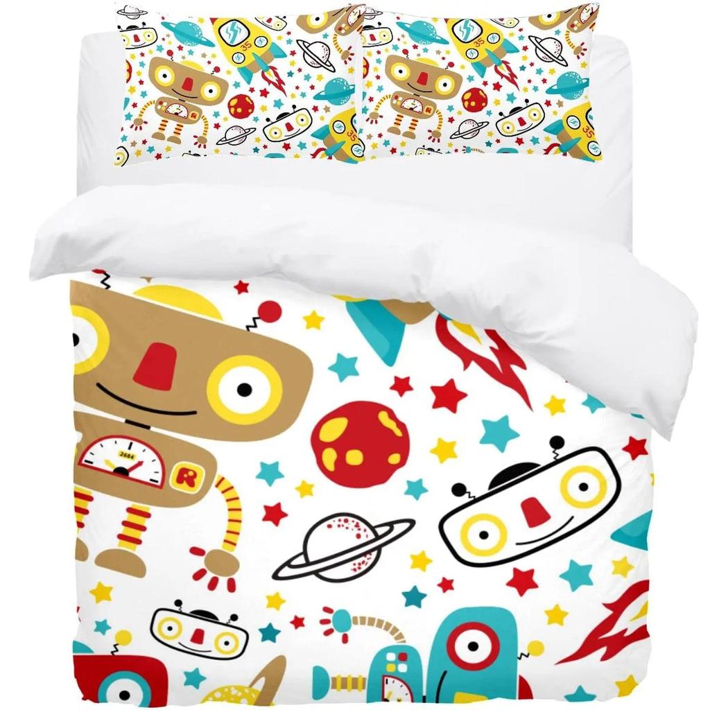 Boys Cartoon Robot Rocket Duvet Cover King Queen Size,Kids Spaceship Bedding Set 3Pcs Starry Galaxy Universe Planet Quilt Cover