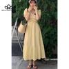 Summer New French Style Romantic Gentle V-neck Lace Stitching Puff Sleeve Tight Waist Slimming Solid Color Short Sleeve Dress