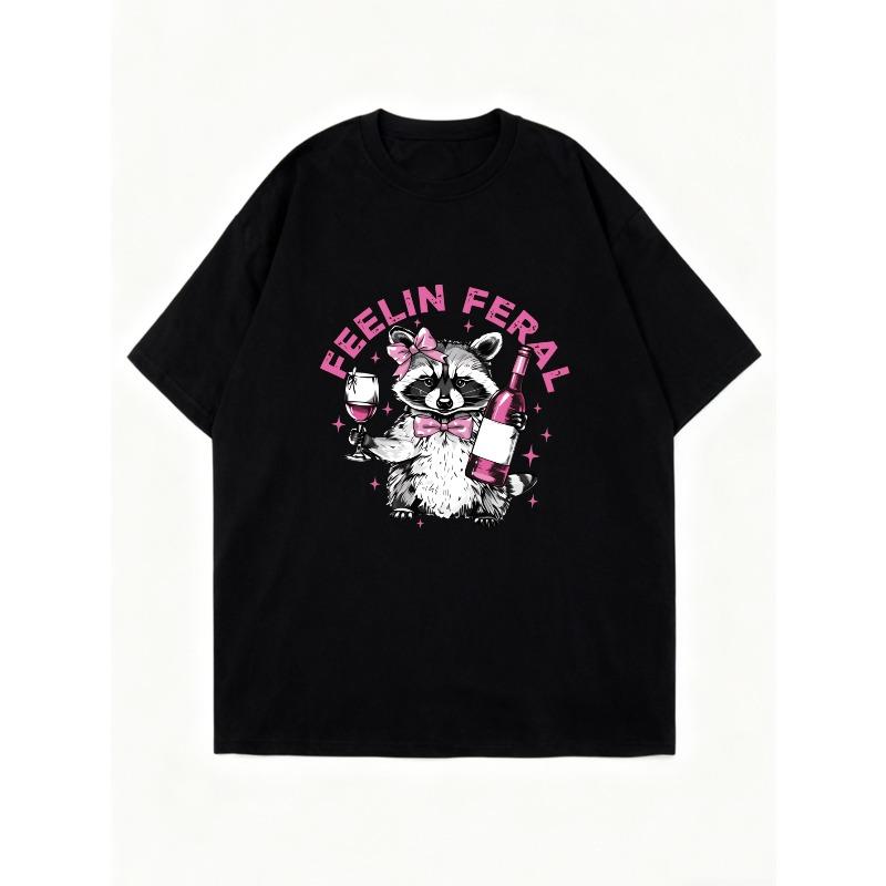 Оверсайз платье-футболка Черное С чувством дикого енота с бутылкой вина и бокалом Принт Повседневный стритвир Для женщин