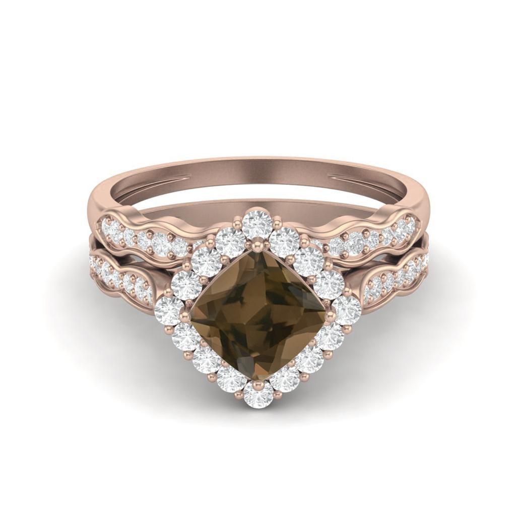 6mm Cushion Smoky Quartz 925 Sterling Silver Rose Vermeil Dual Shank Halo Accents Women Wedding Ring