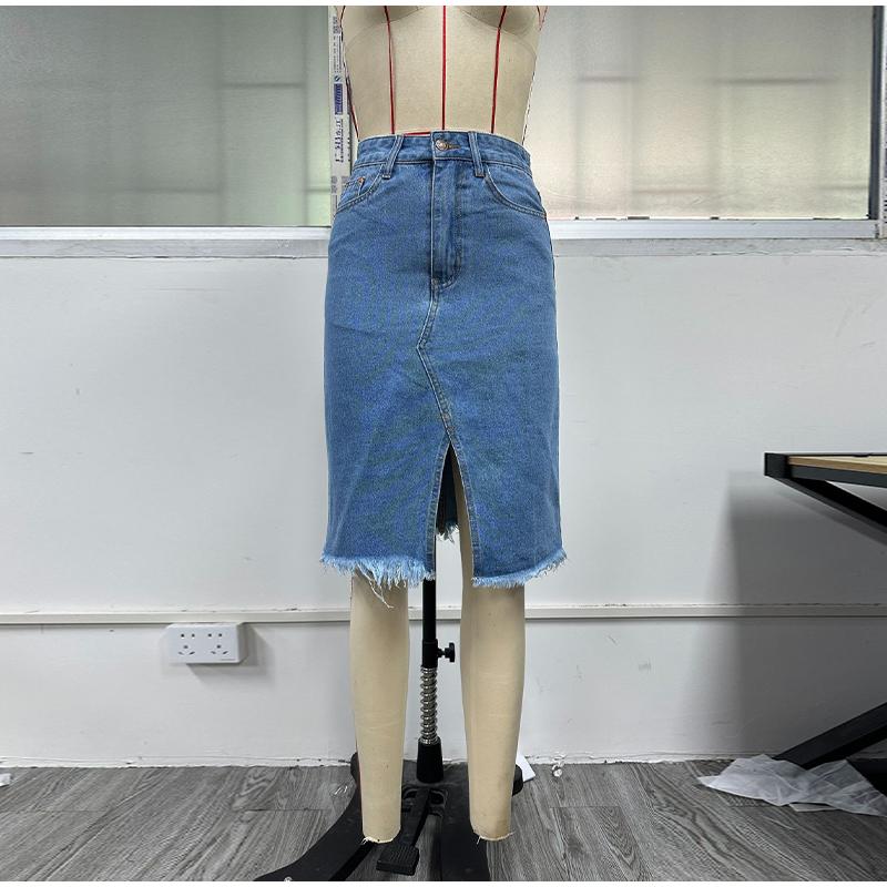 Юбки из денима для женщин, джинсы с высокой талией, потертым необработанным краем, юбка-клеш с карманами, летняя узкая юбка с разрезом и запахом