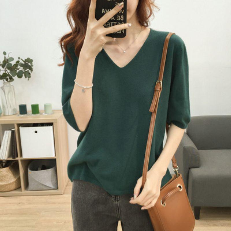 2025 Summer V-Neck Knit Short Sleeve Women's Slimming Top