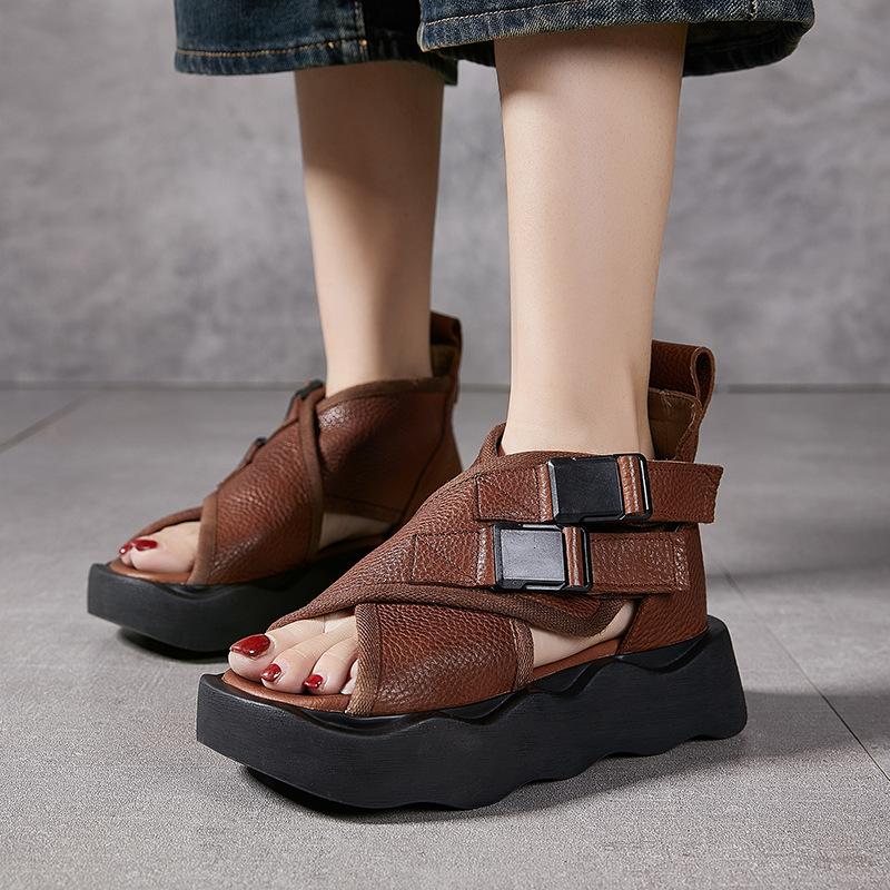 Retro Thick-soled Genuine Leather Women's Sandals Sponge Soled Shoes Roman Sandals