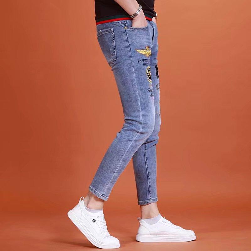 Тонкая секция высококачественных джинсов с вышивкой, мужские весенне-летние тонкие повседневные эластичные длинные брюки для мужчин