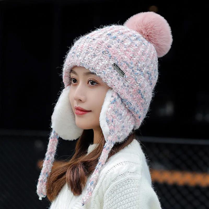 Шерстяная шапка женская зимняя, теплая и для отдыха, плюс бархатные толстые наушники. Милая и универсальная морозостойкая вязаная шапка для езды на велосипеде Lei Feng.