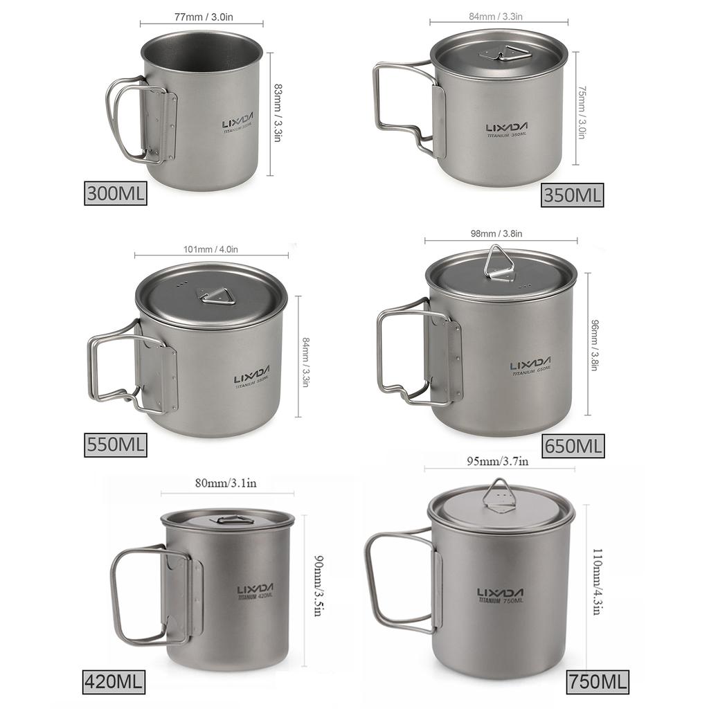 Lixada Набор посуды 300 мл/350 мл/420 мл/550 мл/650 мл/750 мл Сверхлегкая титановая чашка со складным обеденным столом