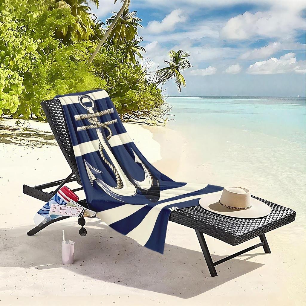 1pc Nautical Anchor Design with Rope on Striped Background 2D Printed Microfiber Beach Towel, quick dry super absorbent. Great