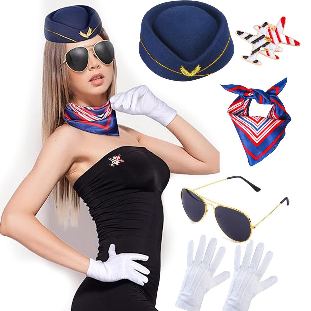 PESENAR DarkBlue Flight Attendant Costume Accessories Women Airline Stewardess Outfits Hat Scarf Sunglasses Gloves for Halloween