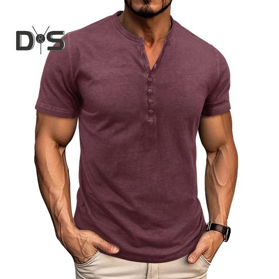 Мужская футболка с воротником Генри, короткий рукав, однотонная футболка с воротником на пуговицах, повседневная футболка-пуловер для спорта, путешествий, офиса