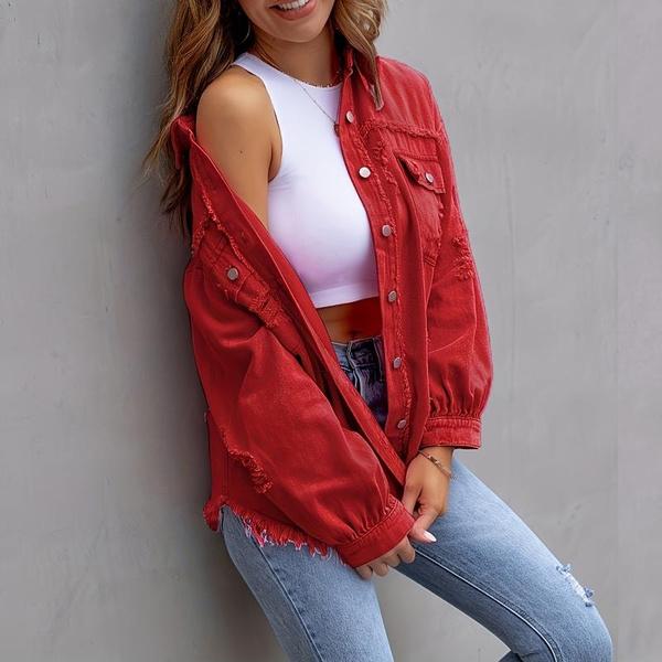 Jackets for Women Basic Distressed Ripped Fringe Denim Tops Casual Solid Color Long Sleeve Button Jean Coat