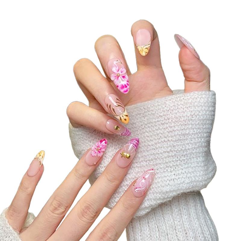 Women Bohemian‑Style Press‑On Nails Handcrafted 3D Floral French Premium False Nail Tips