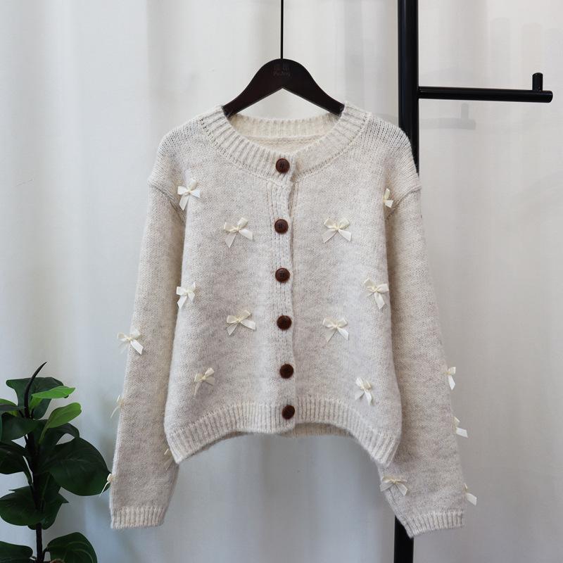 Crew Neck Bow Sweet Gentle Wind Knitted Cardigan Autumn and Winter New Design Sense Loose Sweater Jacket Women