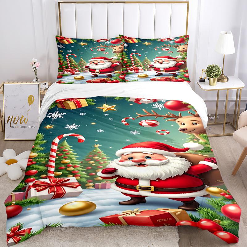 3pc Christmas Santa Claus Deer Home Bedding Set-Festive Decor for Bedroom,Guest Room,Living Room 1147a