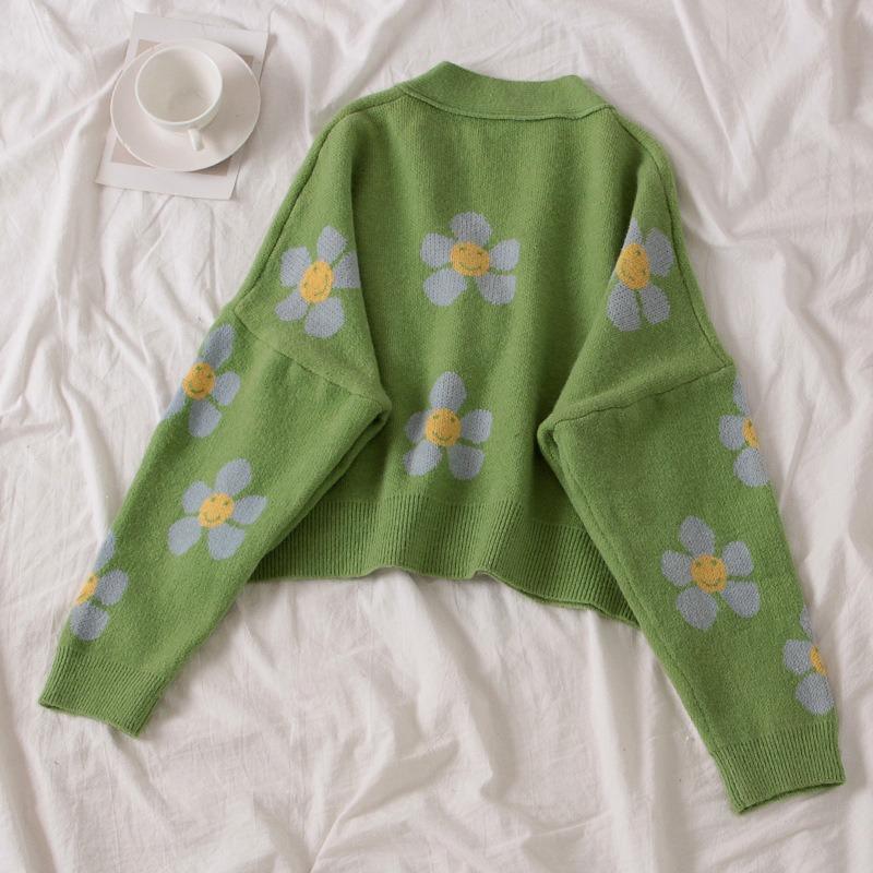 Flower Print Knitted Cardigan Jacket Women Loose V-neck Autumn Single Breasted Cardigans Sweater Winter Tops Long Sleeve Vintage Crop Knitwears 24928