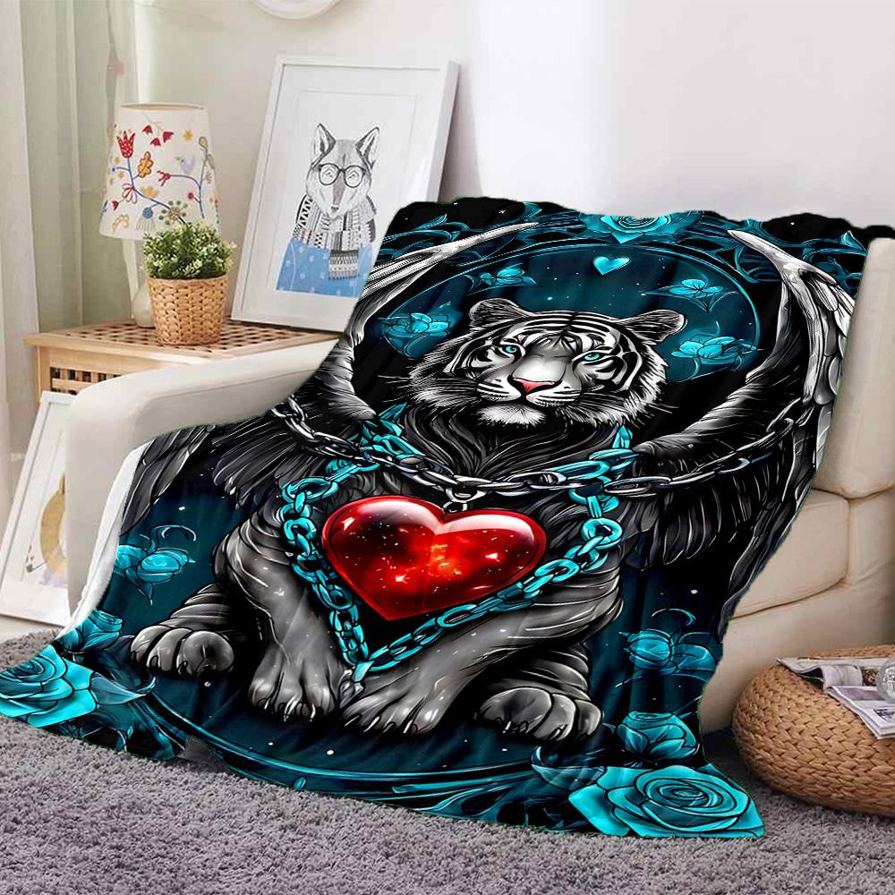 1PC Tiger Angel Heart Chain Design Print Blanket, Soft Throw Blanket - Warm & Cozy for Couch, Bed, Office, and Travel yy250912190