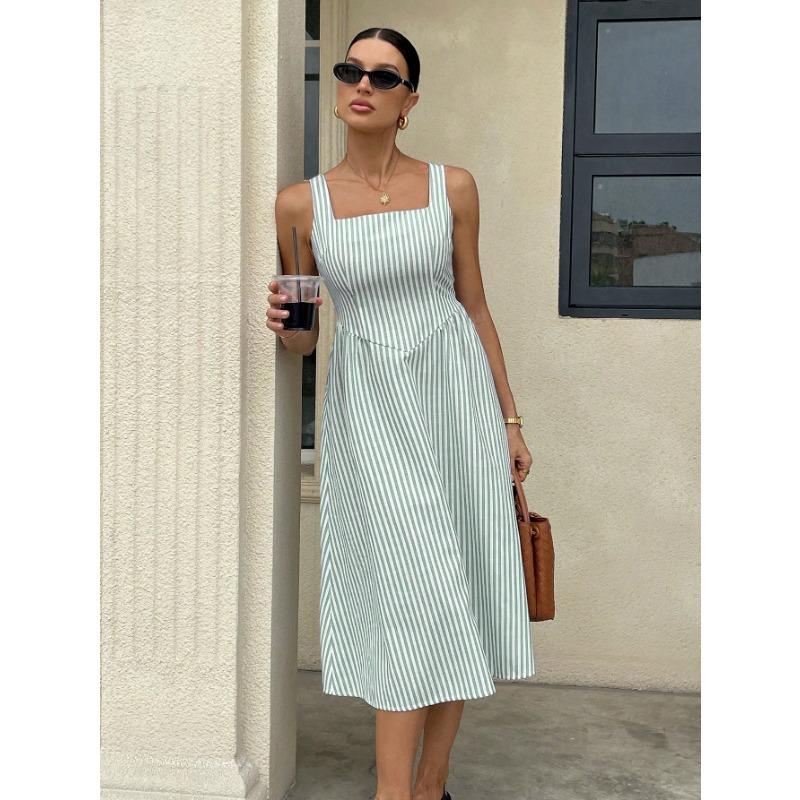 Women Casual Fashion Square Neck Sleeveless Color Block Striped High Waist Long Dress