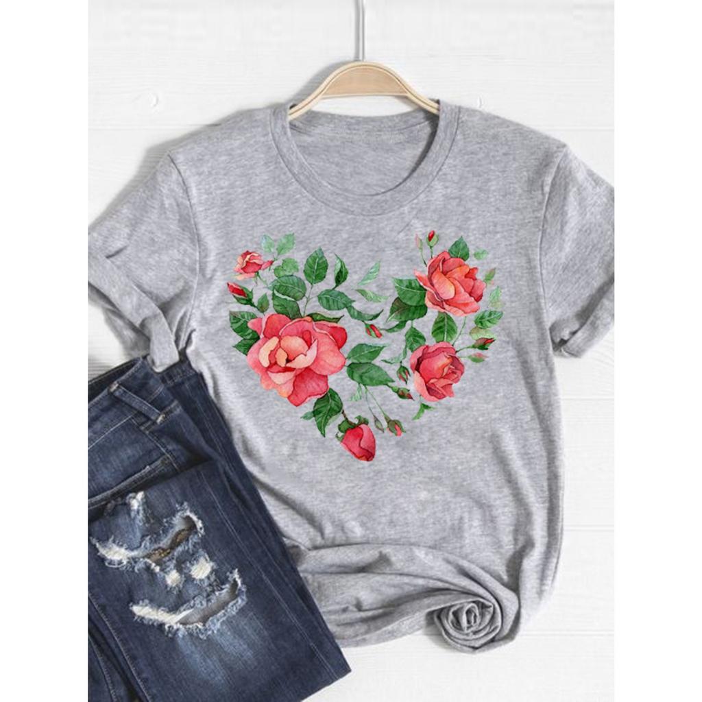 Watercolor Love Heart Sweet Fashion Short Sleeve Print T Shirt Tee Basic Clothing Summer Top Graphic T-shirt Women Clothes