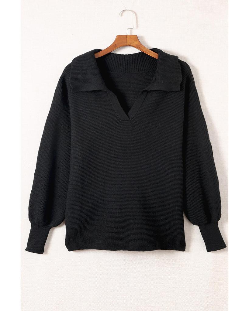 Azura Exchange Black Ribbed Knit Lapel Neck Curvy Sweater