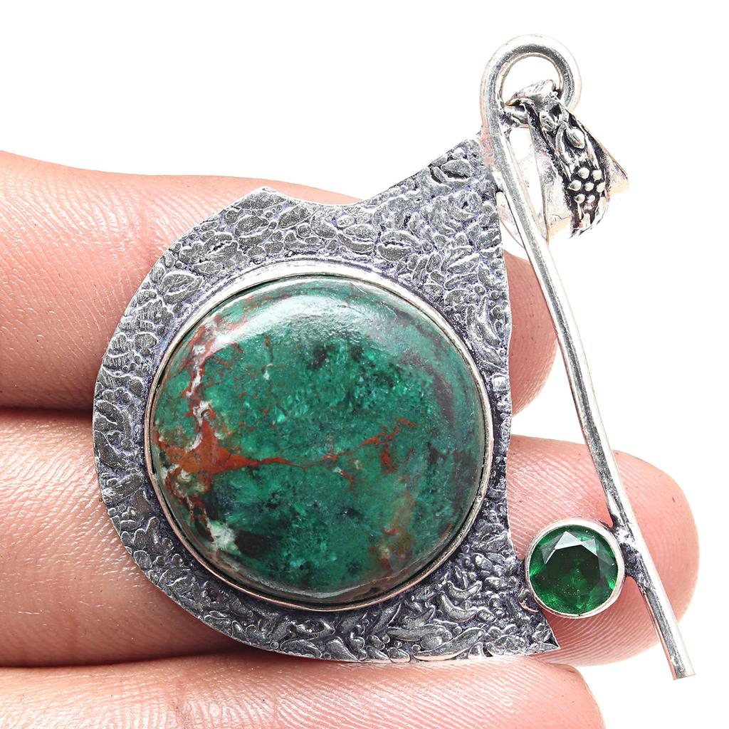 Pendant Chrysocolla  Emerald Gemstone Valentine'Day Gift Silver Jewelry 2.5"