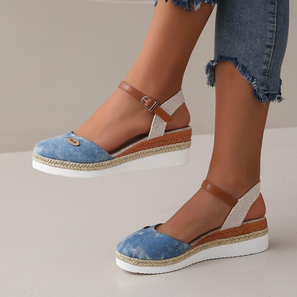 2025 Summer New Foreign Trade Large Size Bag Head Rear Empty Slope Heel Sandals Women's Hemp Rope Bottom Buckle Thick Sole Women's Sandals