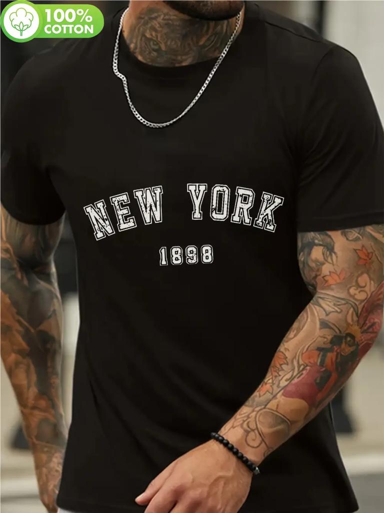 1pc Vintage New York 1898 Graphic T-shirt - 100% Cotton Crew Neck Short Sleeve