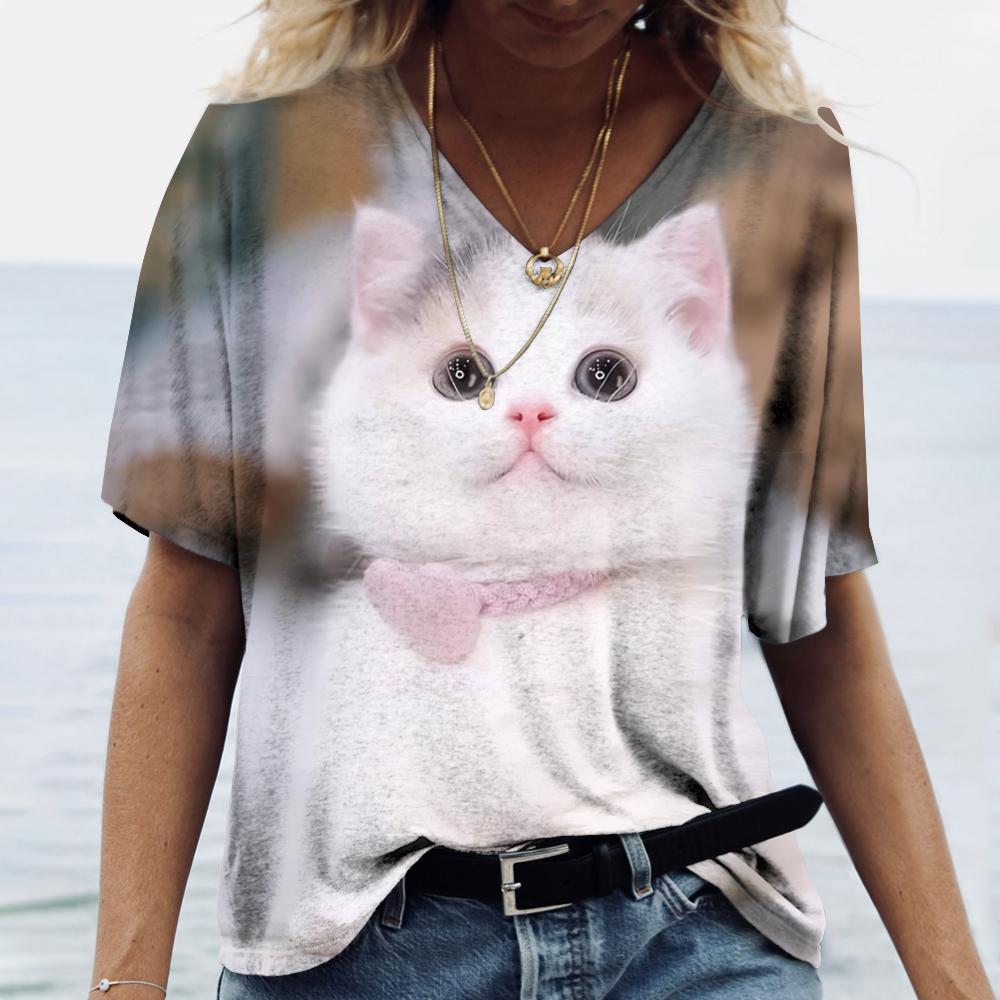 T-Shirt Women's 3D Cats Print Black Kawaii T Shirt Fashion Woman Blouses 2025 Female Clothing Oversized Summer Ladies V-Neck Top