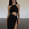 Cut Out Backless Halter Split Maxi Dress Summer Sleeveless Party  Chest Wrapping Halter Black S-L