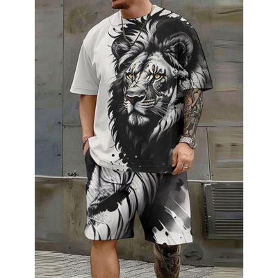 Мужской комплект с коротким рукавом Proudly Unruly Lion Print Round Neck Short Sleeve Shorts Set Fashion Casual y2k Мужская одежда из двух предметов