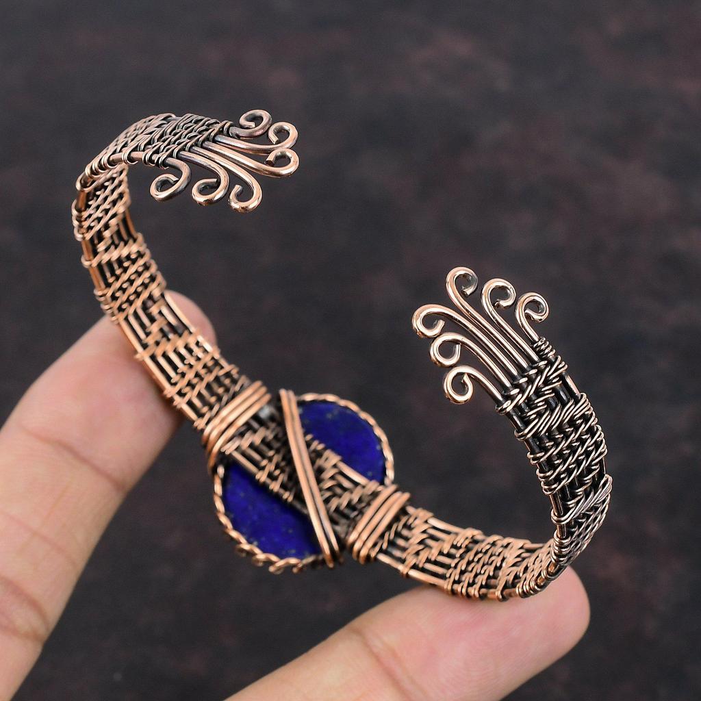 Браслет-манжета из лазурита, медная проволока, браслет с драгоценным камнем, регулируемый браслет ручной работы, медная проволока, ювелирные изделия, подарок на помолвку для нее