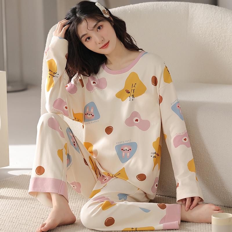 Ladies Pajamas Two-Piece Spring And Autumn Pajamas Female Long-Sleeved Cute Cartoon Loose College Style Homewear Female Suit
