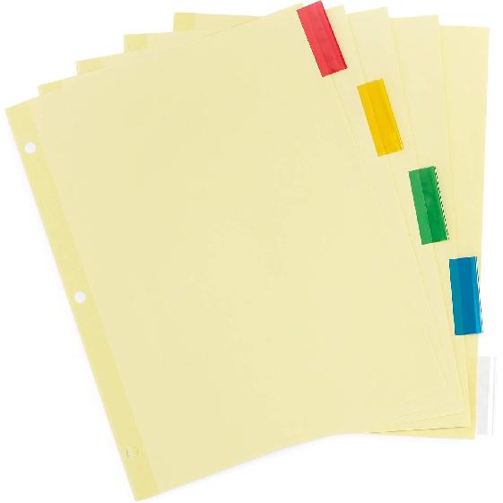 Blue Summit Supplies 5-Tab Binder Dividers, Manila Paper with ertable Colored Plastic Tabs, Reinforced 3 Ring Dividers with Perforated Paper Tab