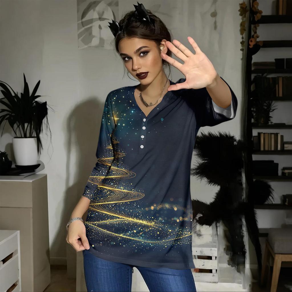 Women's Casual Fashion Sexy Comfortable Christmas Print V-Neck Button Three-quarter Sleeve Top