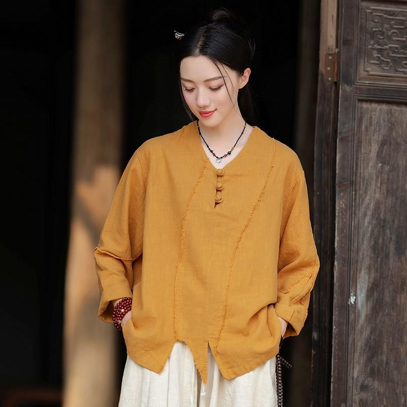 Johnature Футболки женские в китайском стиле с V-образным вырезом и длинным рукавом, однотонные, в стиле пэчворк, винтажные футболки