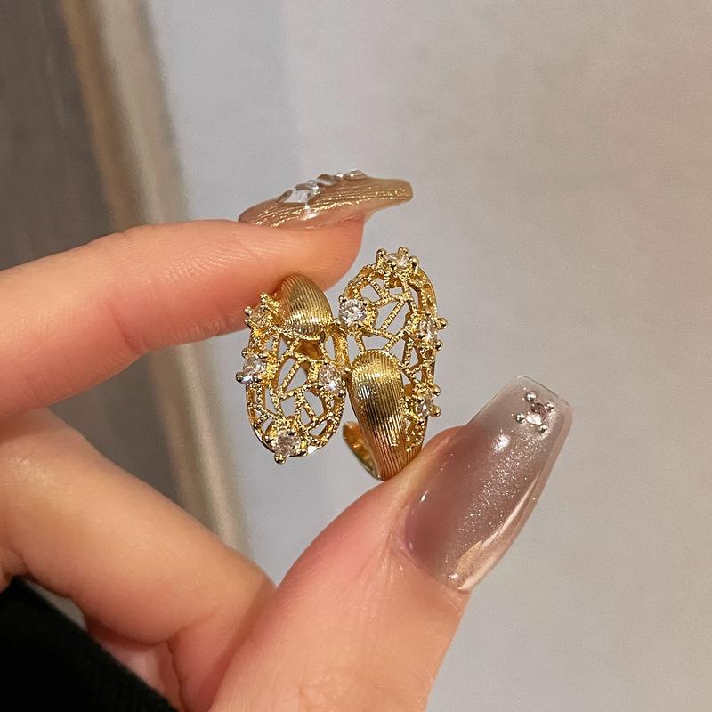 Medieval Brushed Retro Three-Dimensional Lace Hollow Open Ring Inlaid With Zircon Temperament Exquisite High-End Accessories