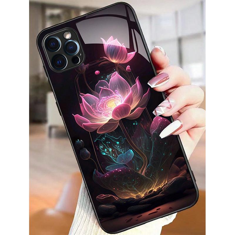 Роскошный стеклянный чехол для телефона с принтом цветка лотоса для iPhone 11 12 13 14 15 16 17 Pro Max 16E 17Air 7 8 Plus XR XS X Ударопрочный чехол