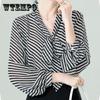 Женская элегантная элегантная рубашка дизайнер с подвязкой, полосатая верхняя шифоновая рубашка офис, женские рубашки
