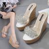 Модные прозрачные босоножки с кристаллами и бусинами для женщин на очень высоком каблуке, тапочки со стразами и цветами на платформе, босоножки женские летние на танкетке
