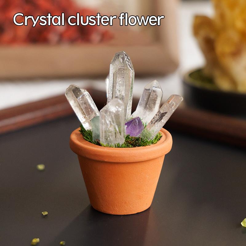 1PC Natural Crystal Stones Set Mini Clay Pot Base Amethyst Quartz Healing Gemstones Potted Plant Style Feng Shui Home Decor