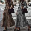 5XL Women's Retro Leopard Print Long Sleeve Dress with Pleated Skirt
