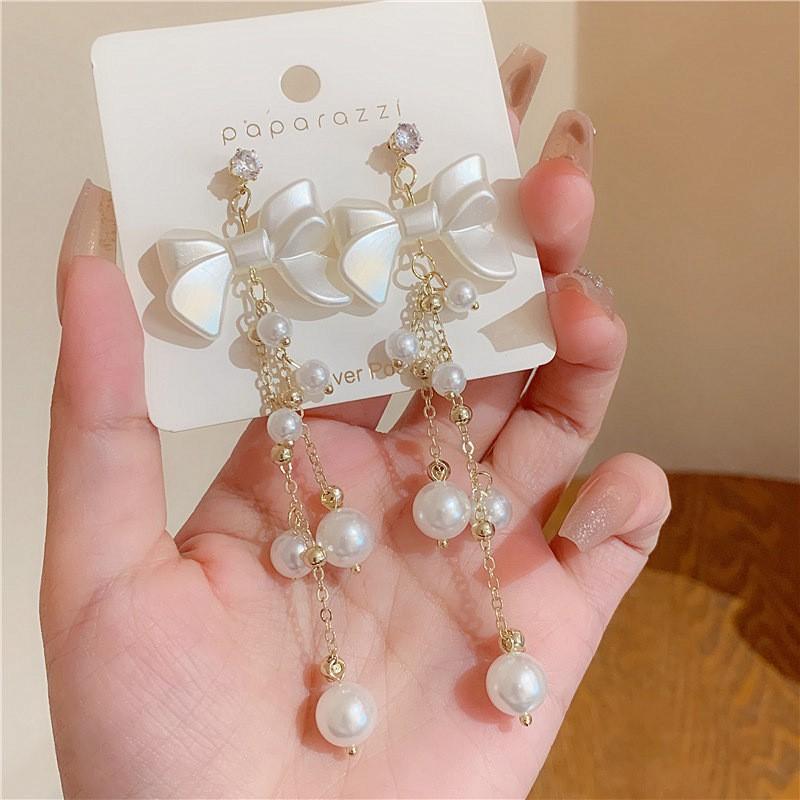 Pearl Bow Long Tassel Earrings