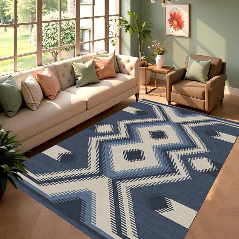 Dark Blue Geometric Pattern Carpet Rug Mat Home Decoration Abstract Square Line Design Modern Style Navy Blue Floor Mat