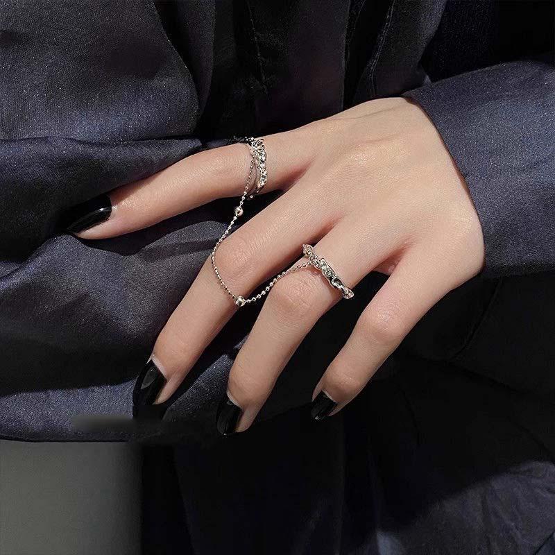 Fashion Punk Tassels Chain Double Ring Set Women Hip Hop Open Ring Metal Silver Color Ball Chain Party Jewlery Gifts